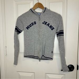Y2K Mudd Jeans Grey Ribbed Knit Navy Spellout Zip Up Sweater Sz S Coquette Cozy